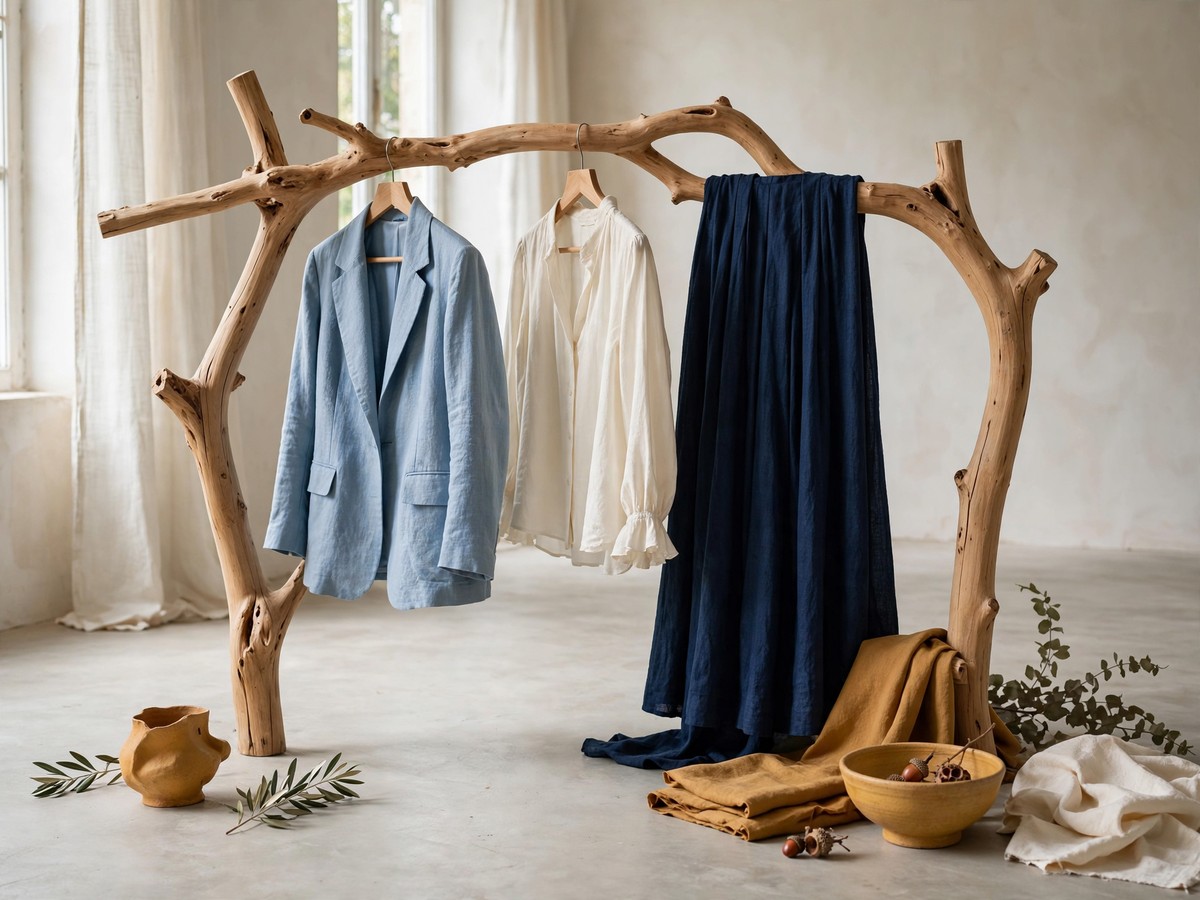 Blue and ivory garments hanging on a wooden rail