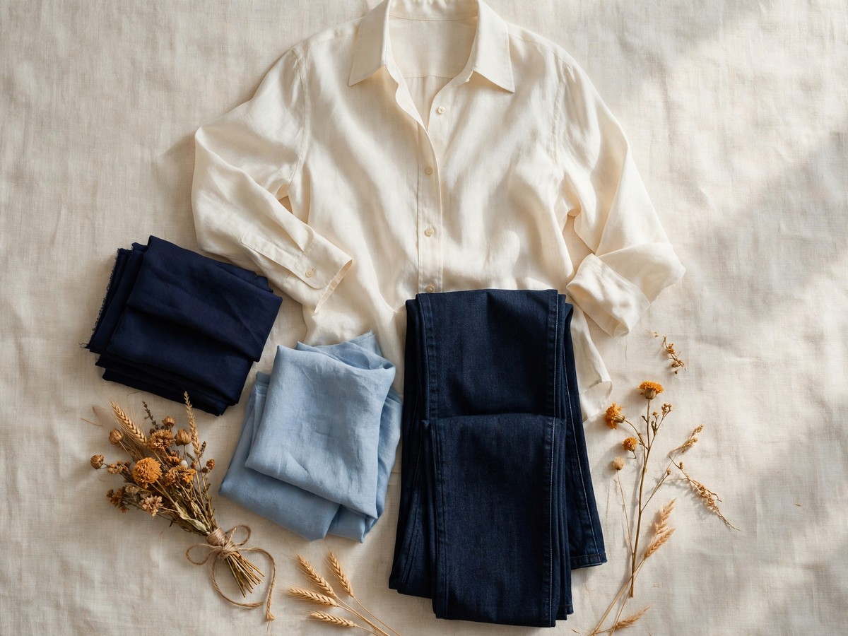 An ivory shirt with indigo trousers