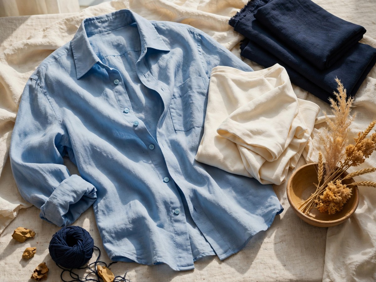 An open blue overshirt beside an ivory base