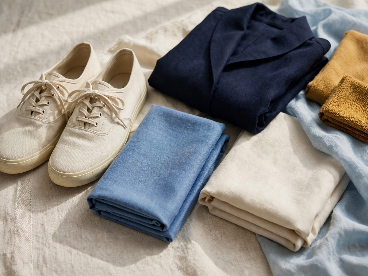 Cream shoes with folded blue fabric