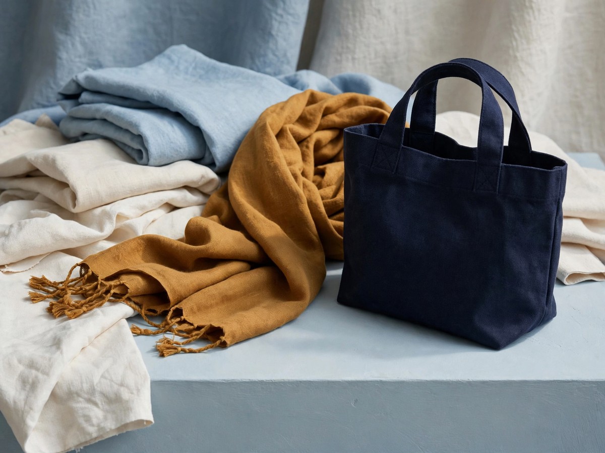 Ochre scarf and navy tote