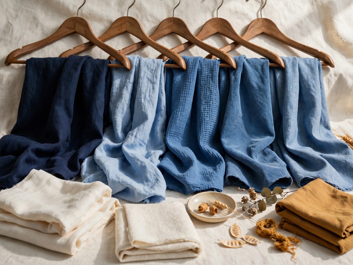 A row of wooden hangers and blue textiles