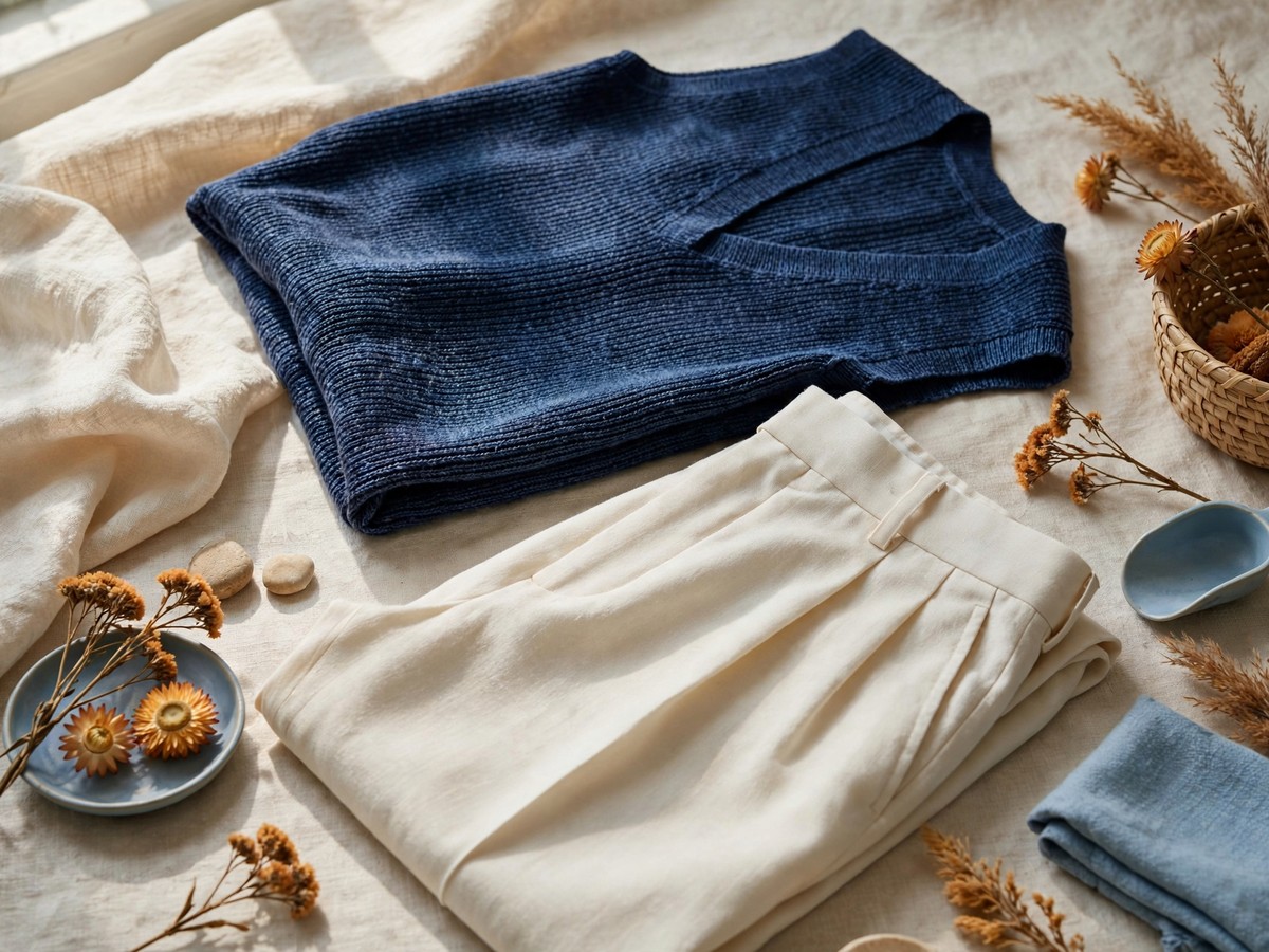 Blue knit vest above cream trousers