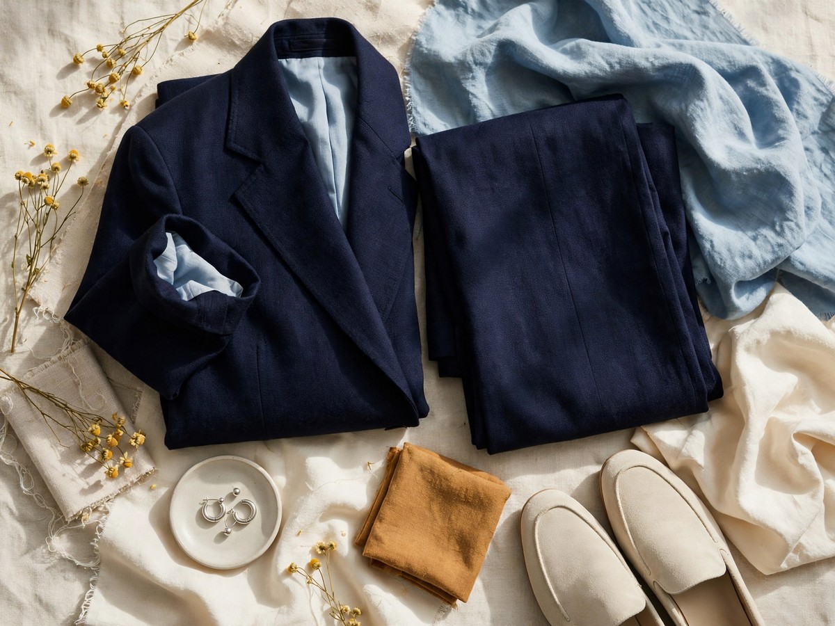 Navy garments with small silver earrings