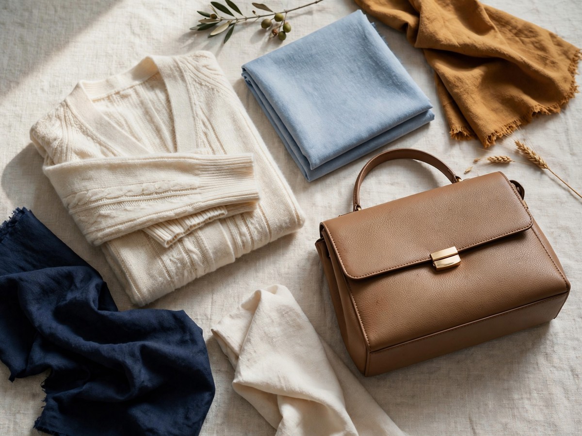 Tan handbag beside a cream cardigan