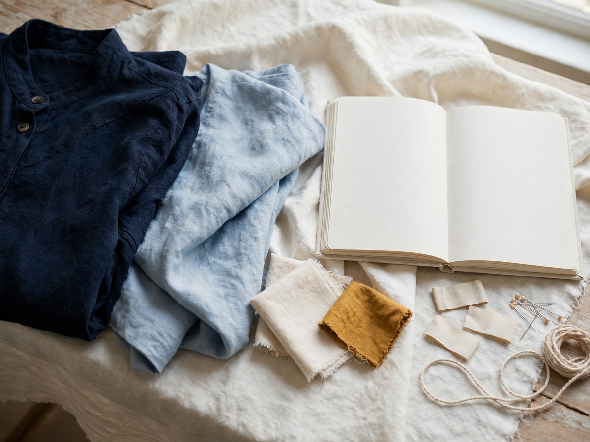 An open blank notebook beside folded blue clothing