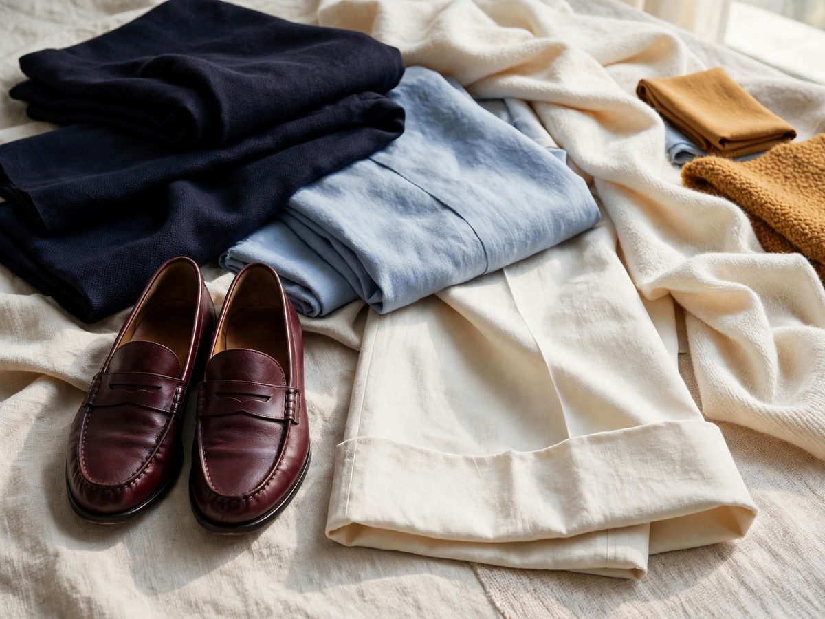 Burgundy shoes beside cream trouser fabric