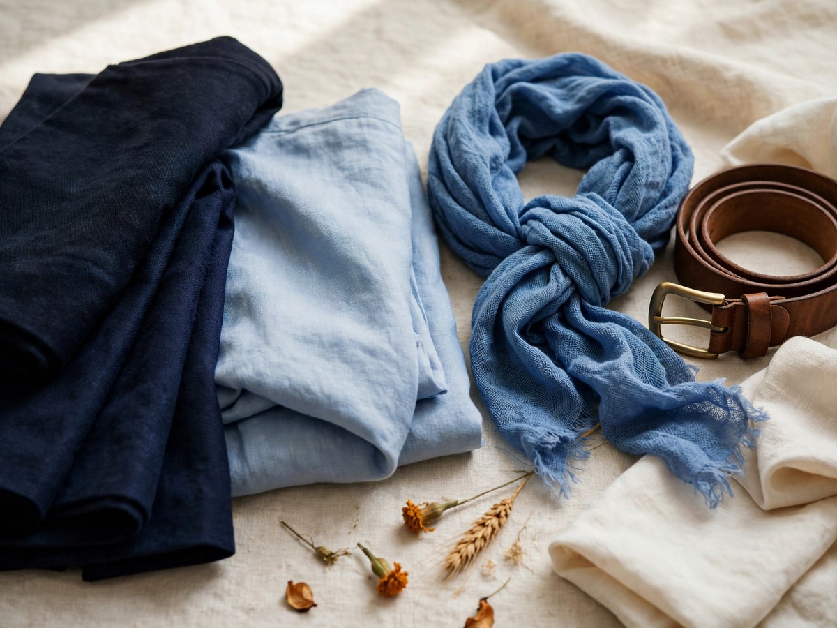 A loose blue scarf beside a brown belt